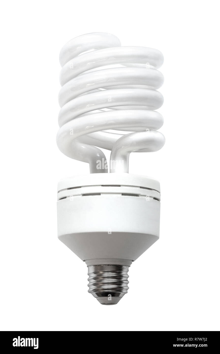 Une lampe fluorescente compacte (LFC), appelé aussi lampe fluorescente compacte, ampoule à économie d'énergie isolé sur fond blanc. Banque D'Images