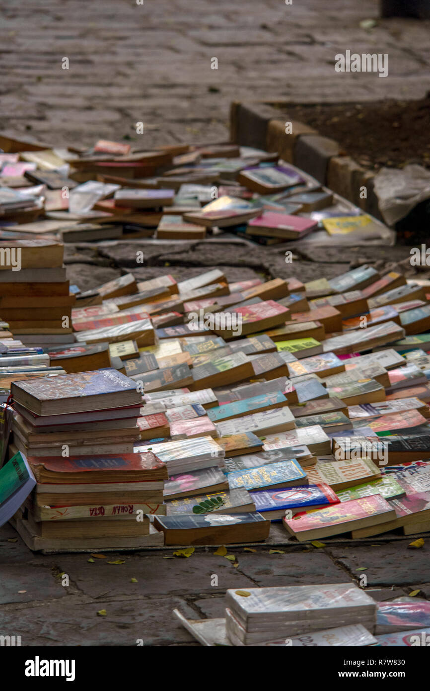 Le dos dur et papier livres mis hors de la chaussée de la rue mis en vente dans le cadre d'un salon du livre. Banque D'Images