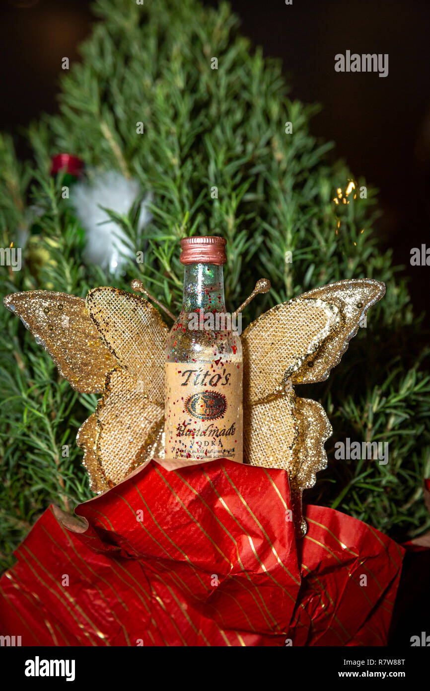 Tito's vodka à la main - comme un ornement de Noël faits à la main dans une  arborescence de romarin pour une partie de Vacances Photo Stock - Alamy