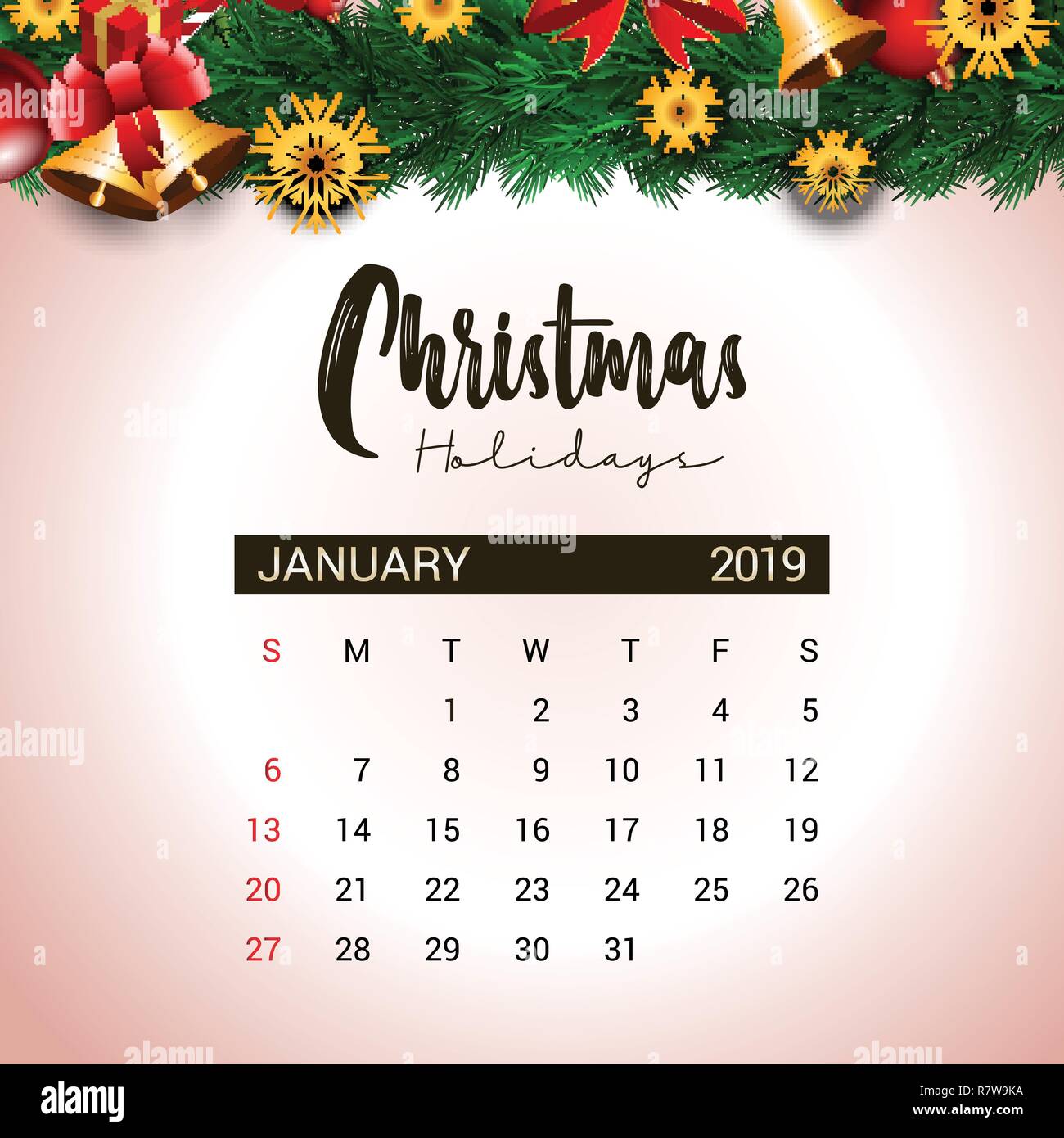 Calendrier Janvier 2019 modèle de conception de décoration de Noël ou Nouvel An Illustration de Vecteur