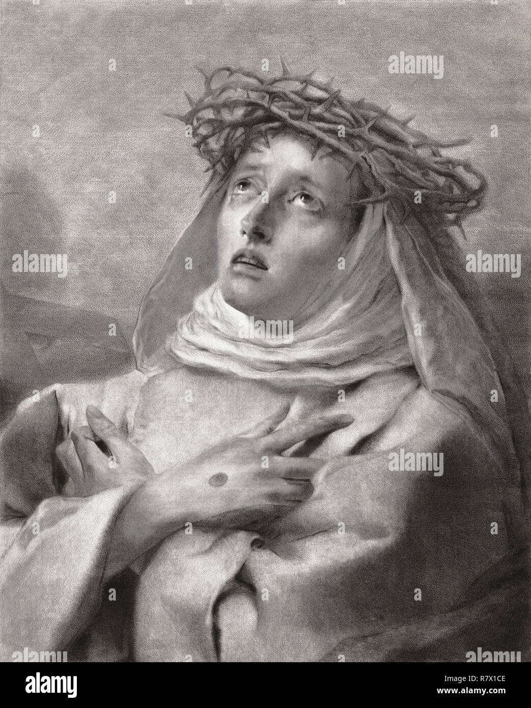 Sainte Catherine de Sienne, 1347-1380. Philosophe et théologien catholique. À partir d'un 18e siècle imprimer par Giovanni Marco Pitteri, d'après une peinture de Giovanni Battista Tiepolo. Banque D'Images