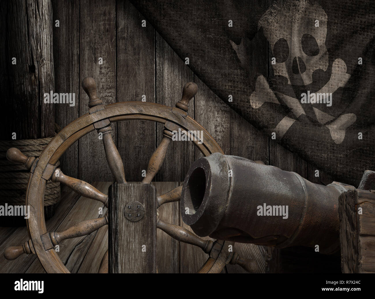 Bateau de pirates avec de vieux pont Jolly roger flag 3d illustration Banque D'Images