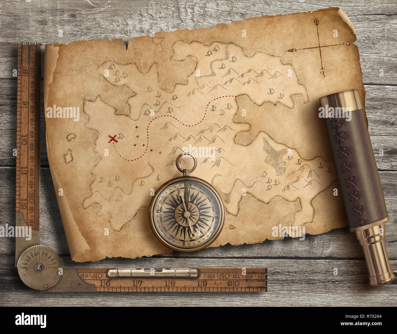 Ancienne cité médiévale avec boussole et carte de l'Ile Longue-vue. L'aventure et les voyages concept. 3d illustration. Banque D'Images