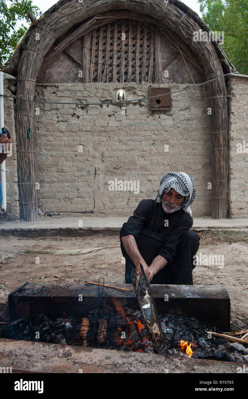 Abou Haidar vu Masgouf grillades (poisson) à l'extérieur d'une maison d'adobe dans Al-Chibayish dans les marais du sud de l'Iraq. De faibles niveaux d'eau et de l'augmentation de salinité ont réduit la taille des poissons et beaucoup d'actions dans les marais du sud de l'Iraq. Le changement climatique, la construction de barrages en Turquie et la mauvaise gestion de l'eau interne sont les principales causes d'une grave sécheresse dans le sud de l'Iraq les zones humides. Banque D'Images