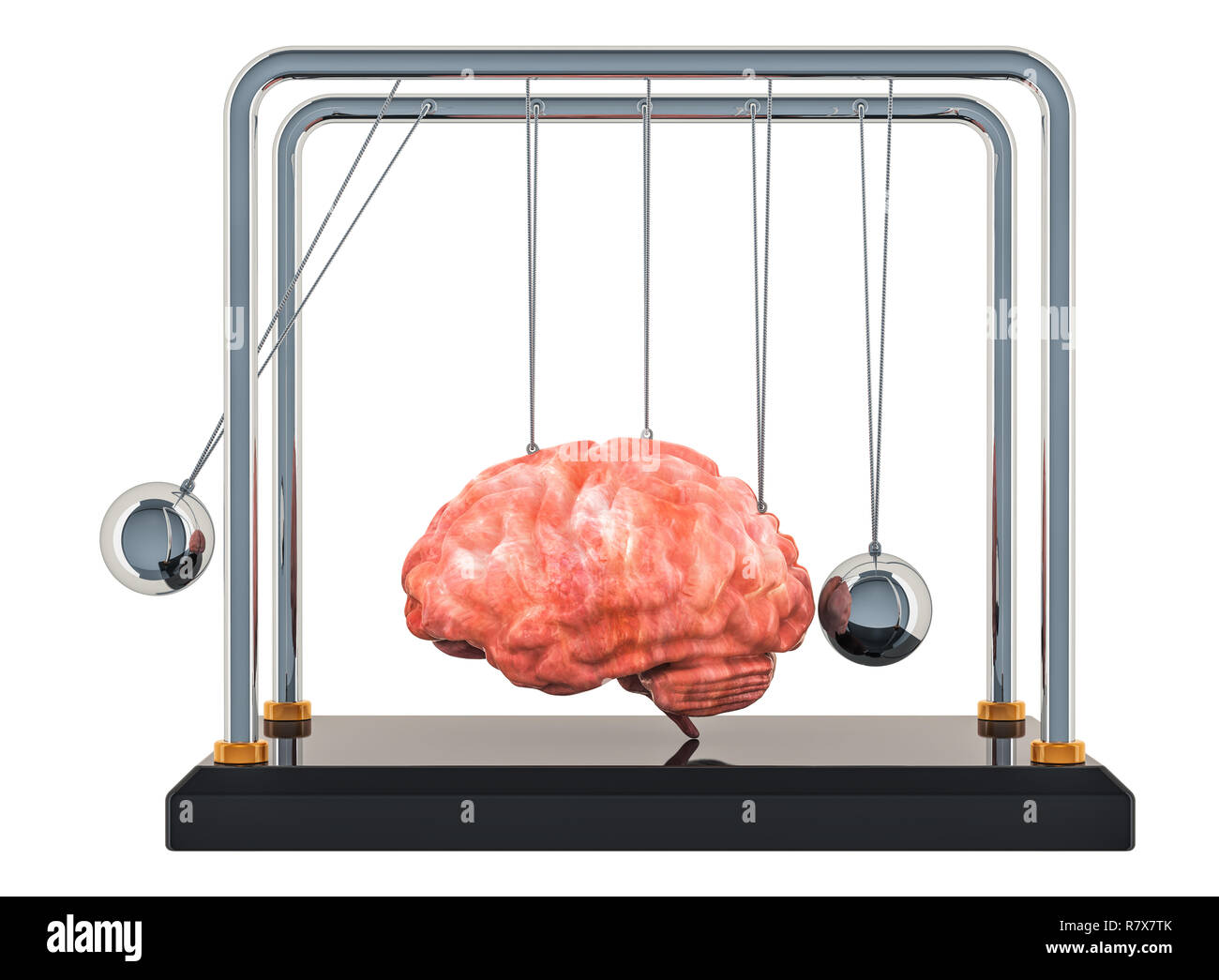 Maladies du cerveau ou de la destruction, perte de mémoire concept. Newton's cradle avec cerveau. Le rendu 3D isolé sur fond blanc Banque D'Images