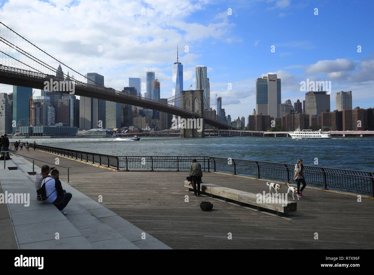 United States, New York, Brooklyn, Manhattan Skyline et pont de Brooklyn à l'Empire Fulton Ferry State Park Banque D'Images