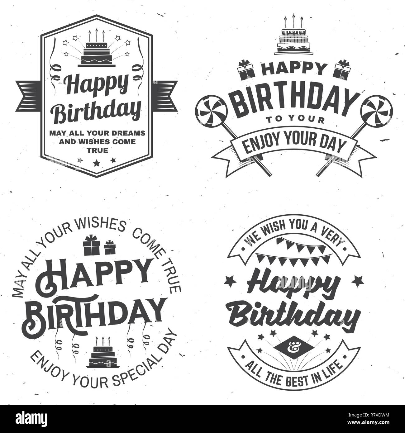 Ensemble de Joyeux Anniversaire modèles pour overlay, un insigne, un autocollant, carte avec bouquet de ballons, des cadeaux, la serpentine, hat et gâteau d'anniversaire avec des bougies. Vecteur. Vintage design pour un anniversaire Illustration de Vecteur