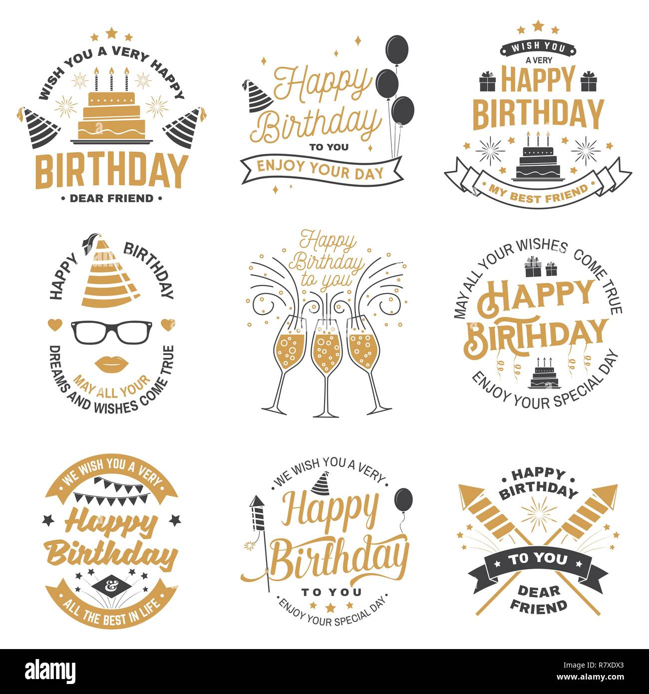 Ensemble De Joyeux Anniversaire Modeles Pour Overlay Un Insigne Un Autocollant Carte Avec Bouquet De Ballons De Fusees D Artifice De Cadeaux Et De Gateaux D Anniversaire Avec Des Bougies Vecteur Vintage Design Pour