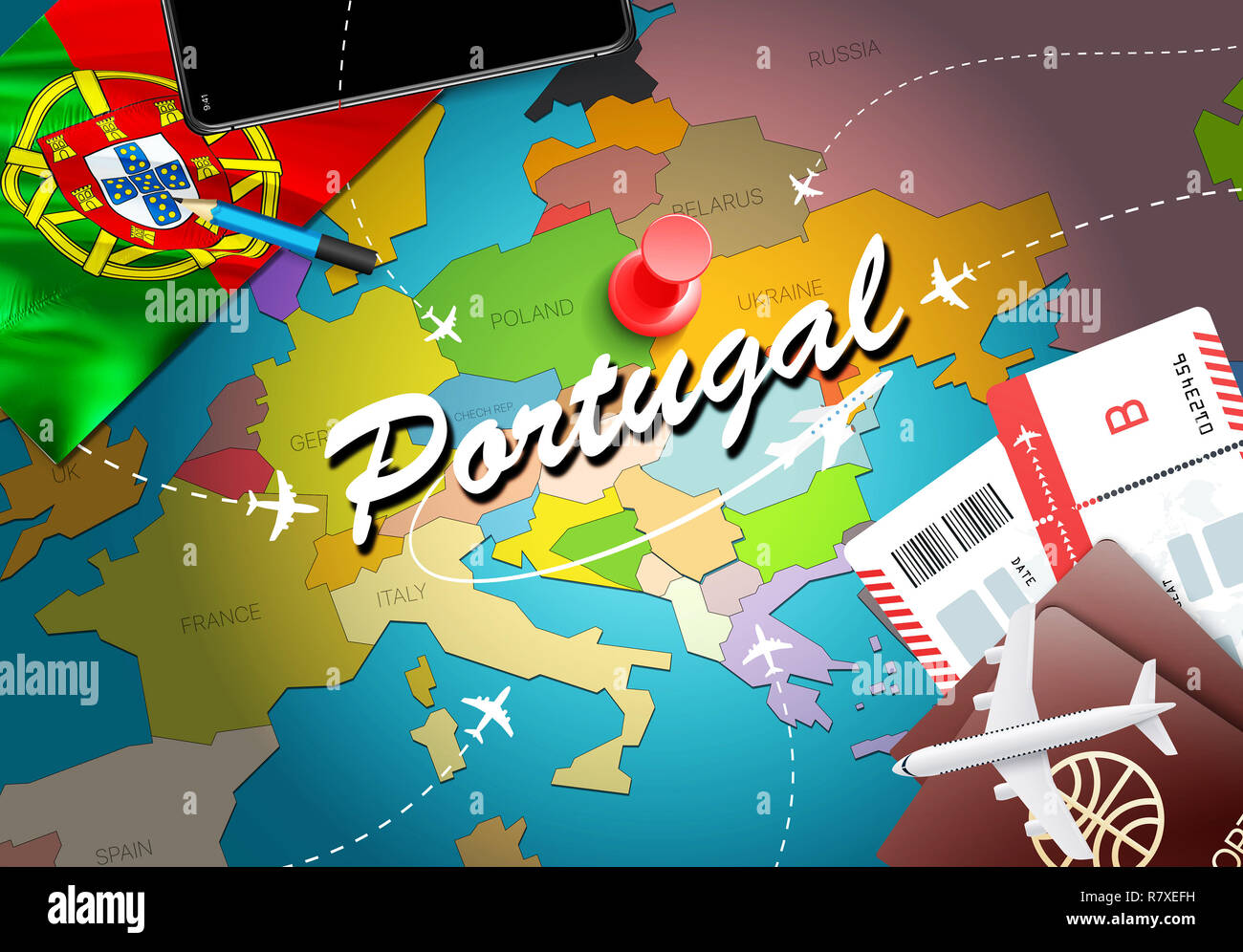 Portugal travel concept map background avec des avions,des billets. Visiter le Portugal Voyages et tourisme concept de destination. Portugal drapeau sur la carte. Avions et de fl Banque D'Images