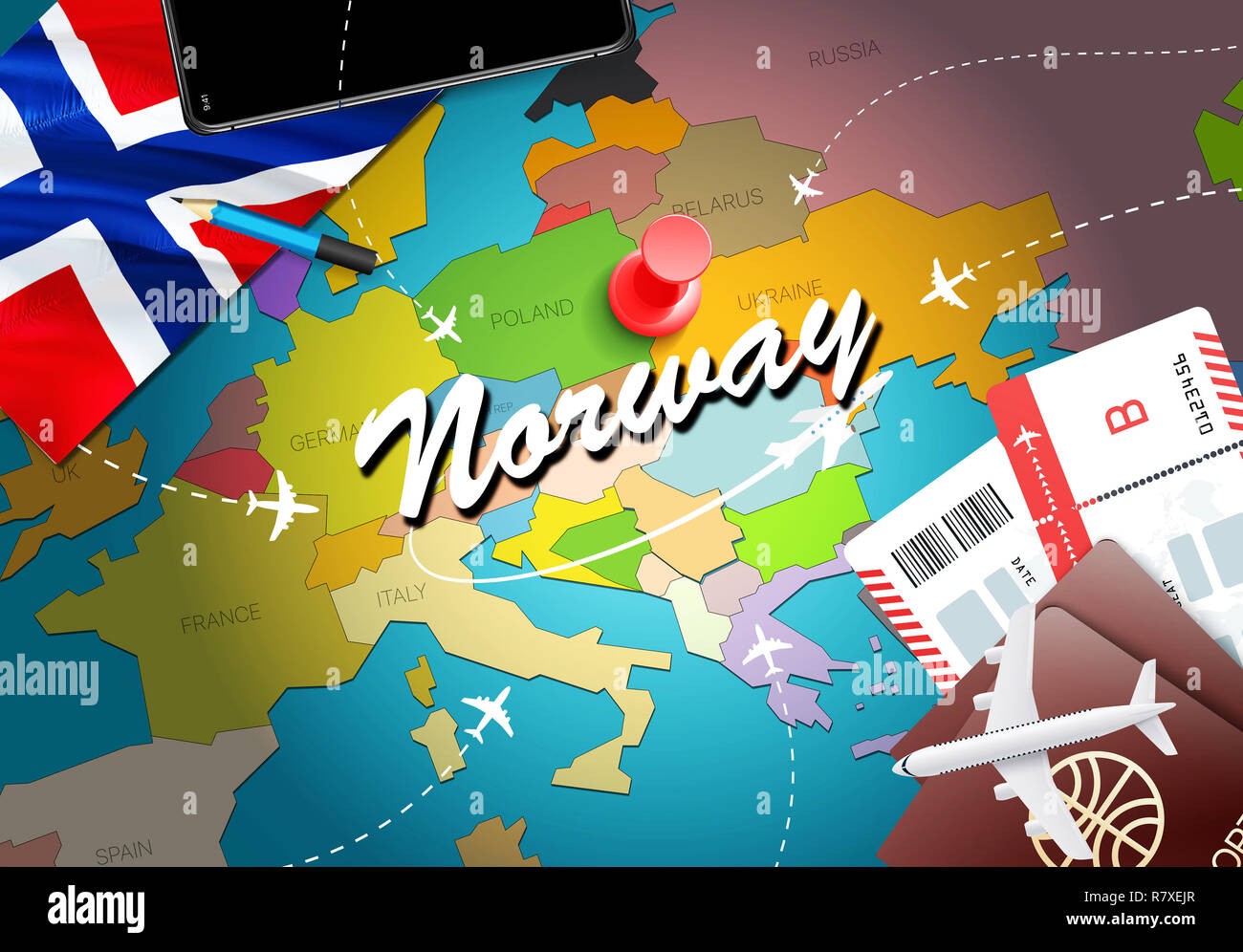La Norvège travel concept map background avec des avions,des billets. Visiter la Norvège Voyages et tourisme concept de destination. La Norvège drapeau sur la carte. Les avions et les vols Banque D'Images
