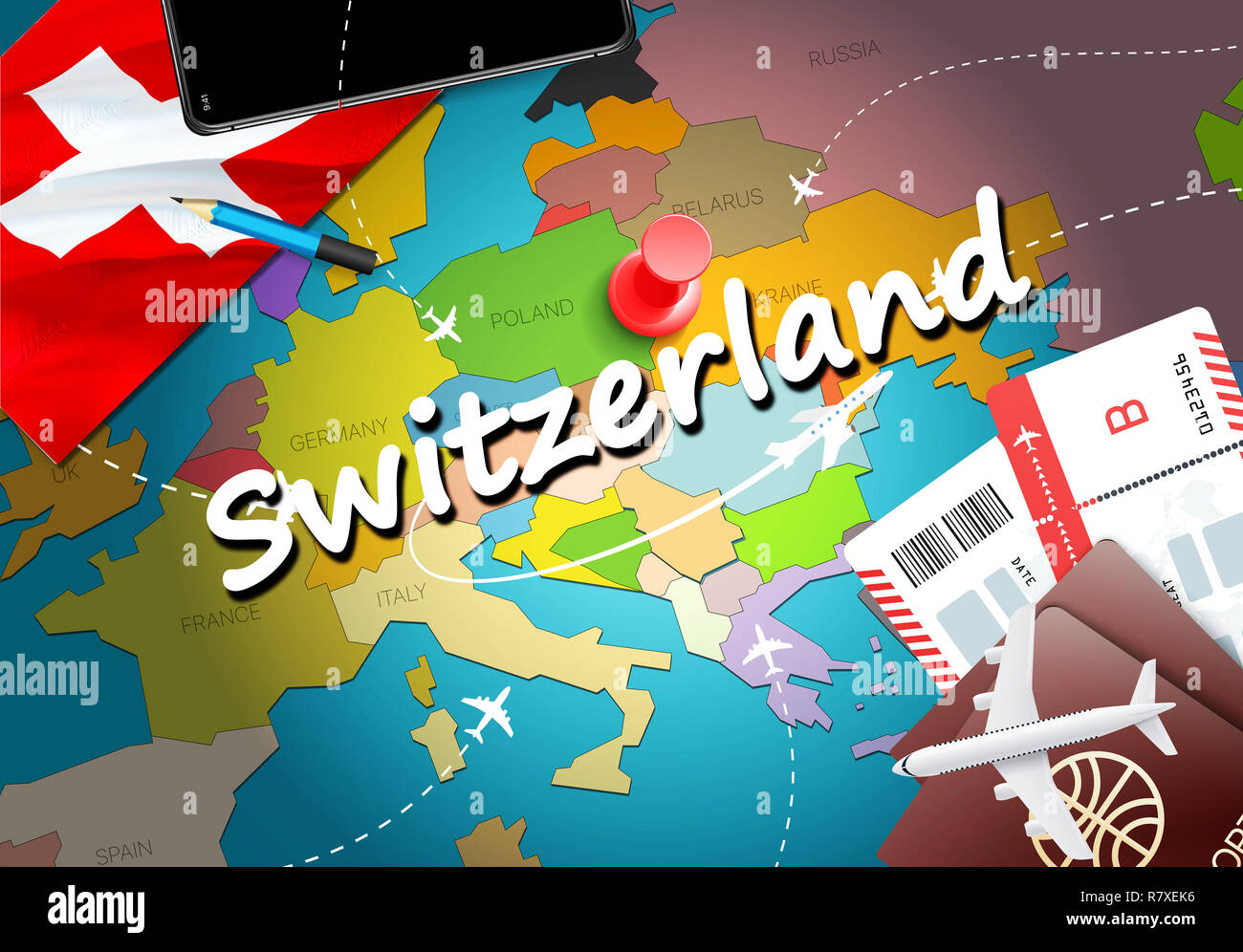 L'arrière-plan du concept de voyage suisse avec des avions,des billets. Visitez la Suisse Voyages et tourisme concept de destination. Drapeau suisse sur la carte. Planifier Banque D'Images