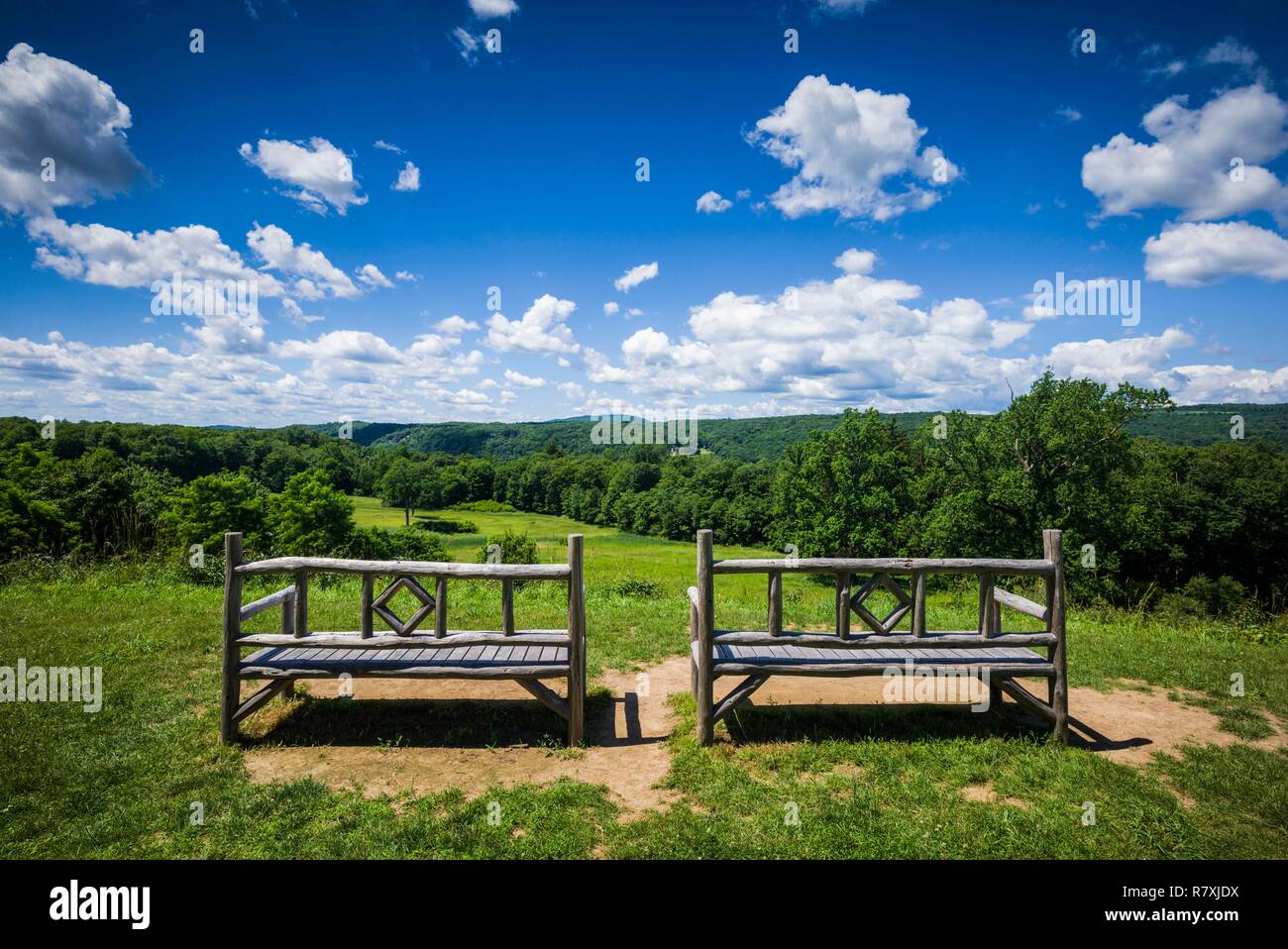 United States, New York, Hudson Valley, Hyde Park, des bancs dans le champ Banque D'Images