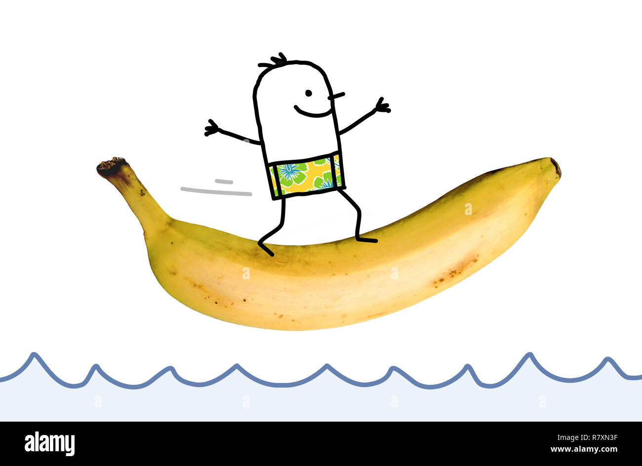 Hand Drawn Cartoon heureux homme surf sur une grosse banane Banque D'Images