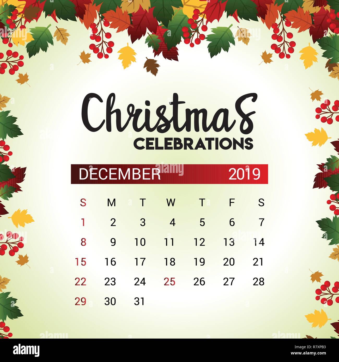 Calendrier Décembre 2019 modèle de conception de décoration de Noël ou Nouvel An Illustration de Vecteur