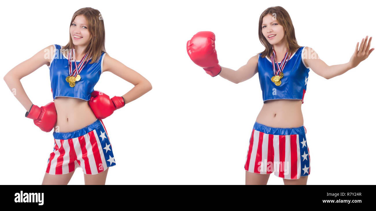 Young female boxer avec médaille d'isolated on white Banque D'Images