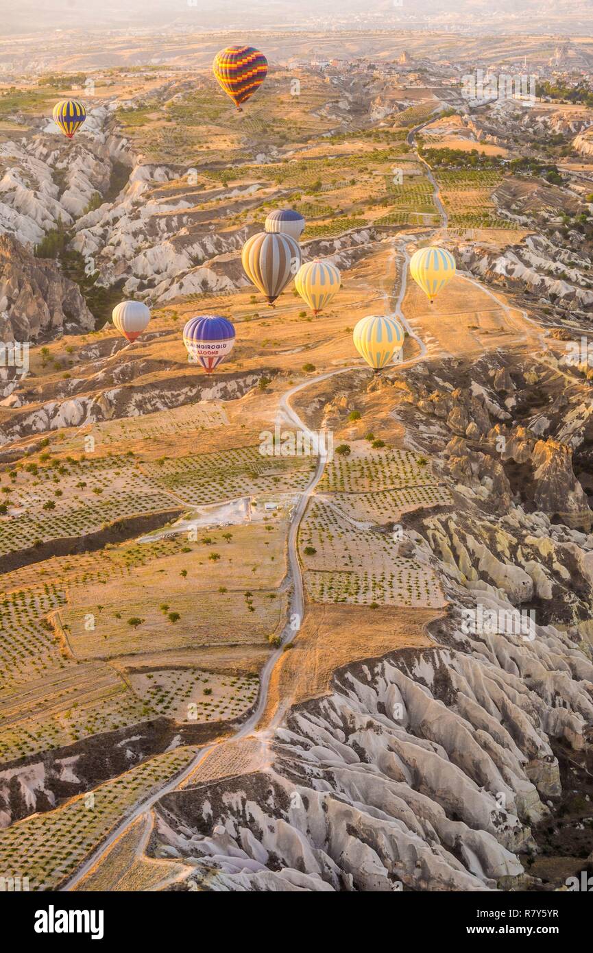 La Turquie, l'Anatolie Centrale, Nev&# x15f;ehir, province Cappadoce Site du patrimoine mondial de l'UNESCO, Göreme, montgolfières survolant cultivées sur les collines de tuf volcanique Parc national de Göreme, au lever du soleil (vue aérienne) Banque D'Images