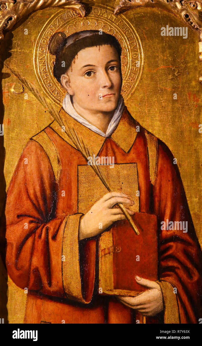 Peinture de Saint Etienne, le Protomartyr ou premier martyr de la Chrétienté, sur le retable de Saint Nicolas (1500) dans la Cathédrale de Monaco Banque D'Images