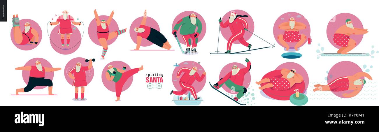 Des exercices sportifs - sport - Santa télévision moderne concept illustration vecteur ensemble de cheerful Santa Claus aérobie et faire des exercices de remise en forme dans la salle de sport, Illustration de Vecteur
