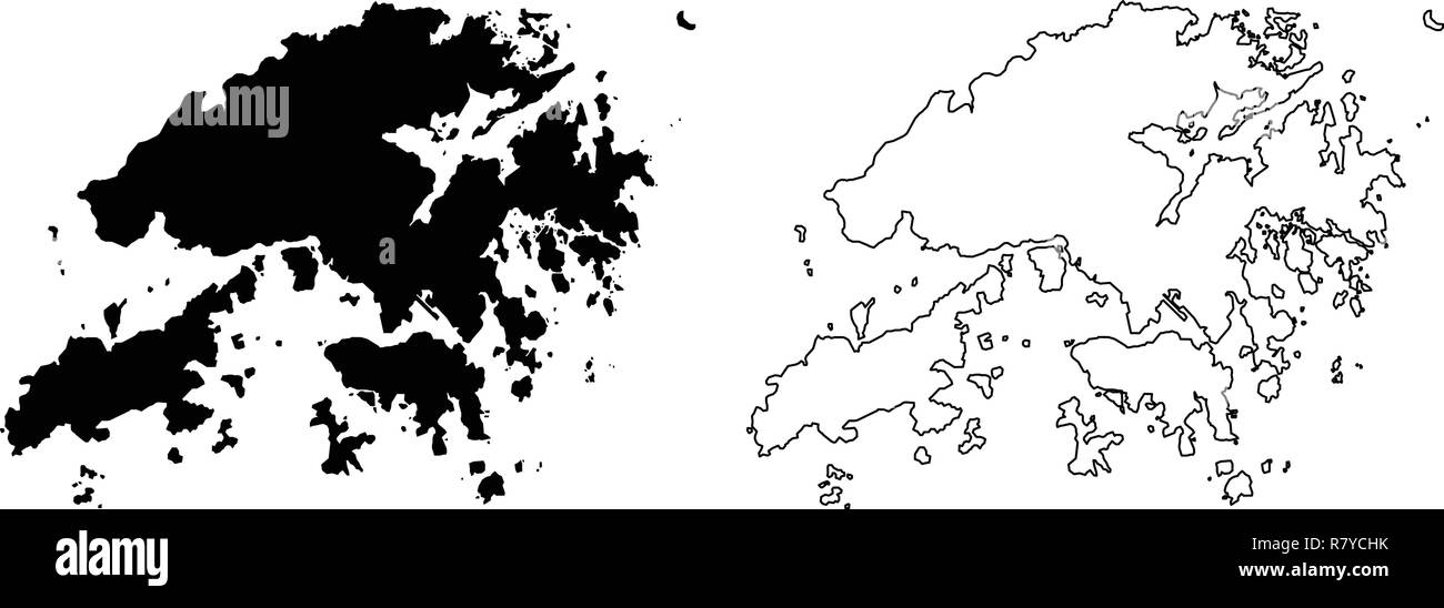 Simple (seulement les coins pointus) plan de Hong Kong (Région administrative spéciale de Hong Kong (Chine) dessin vectoriel. Projection de Mercator. Rempli et contours Illustration de Vecteur