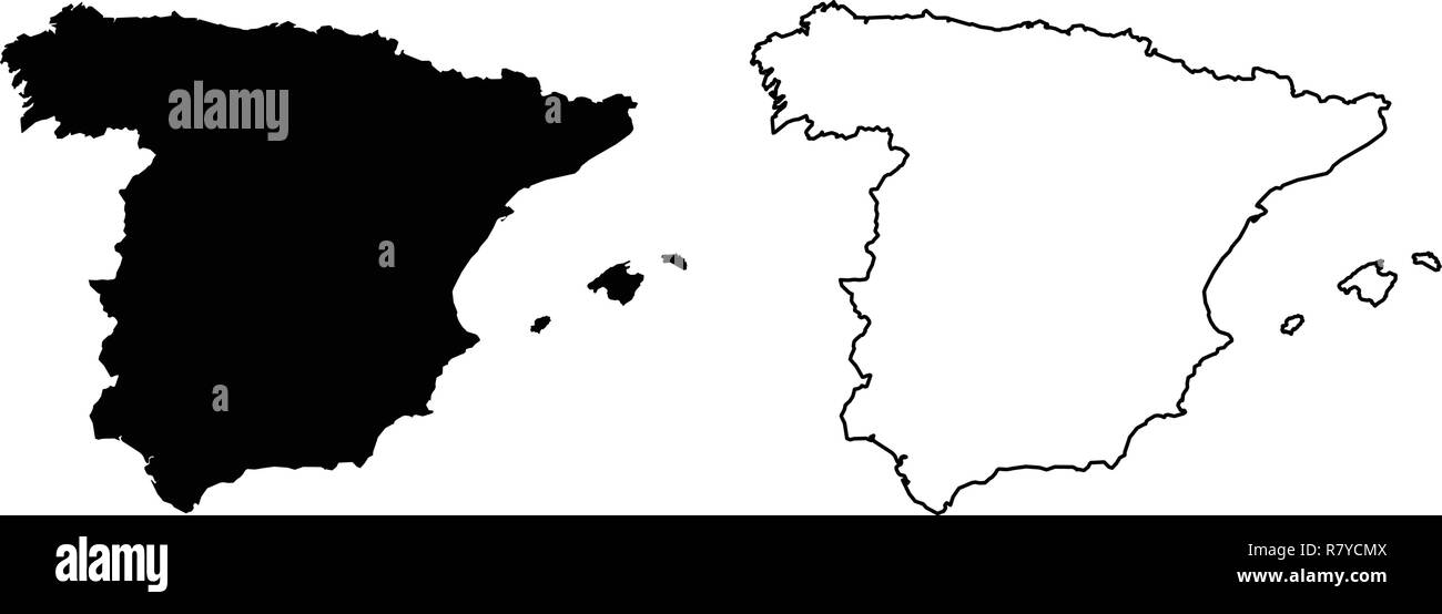 Simple (seulement les coins pointus) carte de l'Espagne dessin vectoriel. Projection de Mercator. Rempli et contours version. Illustration de Vecteur