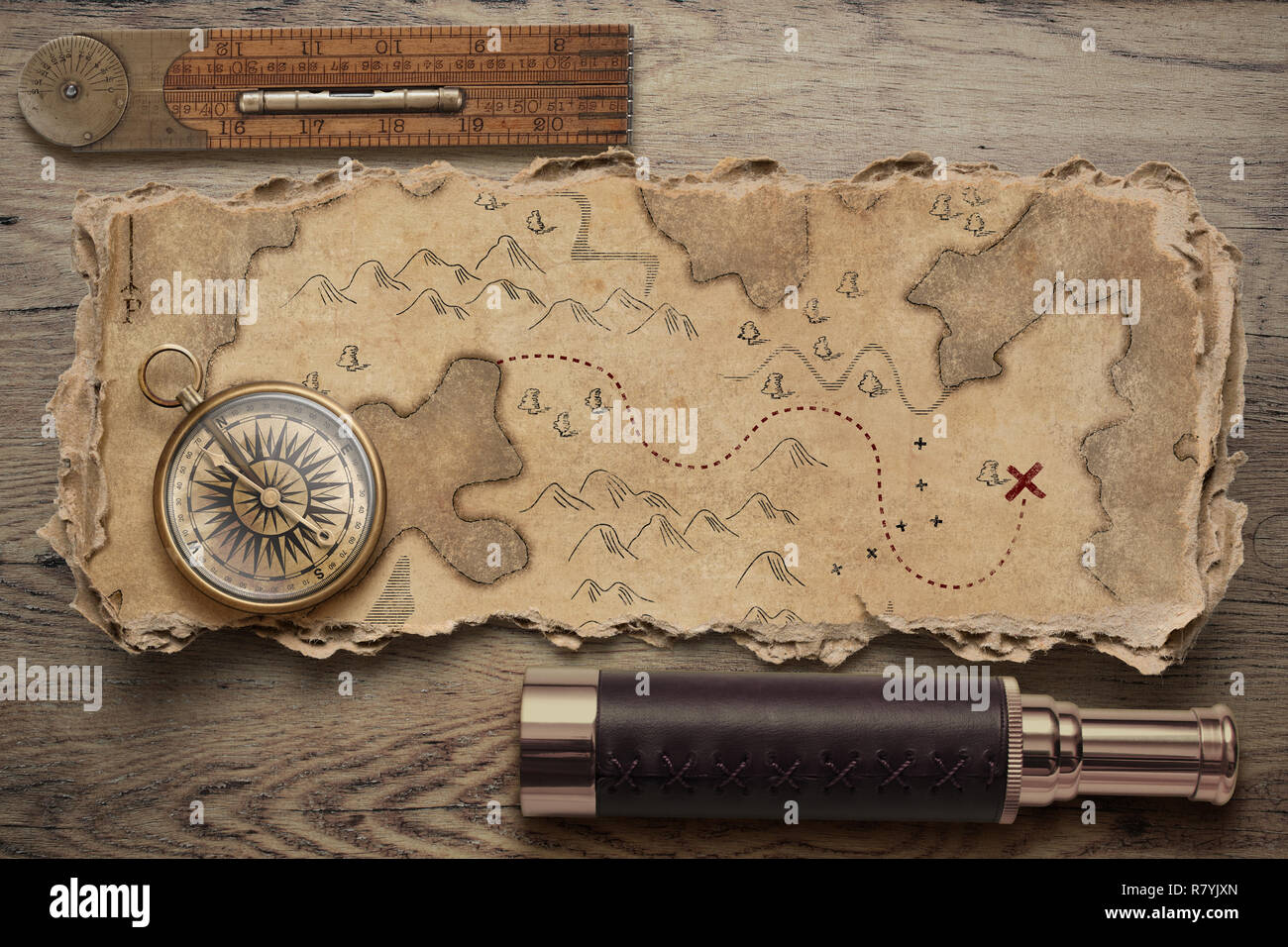 Ancienne carte au trésor déchiré avec boussole et spyglass. L'aventure et les voyages concept. 3d illustration. Banque D'Images