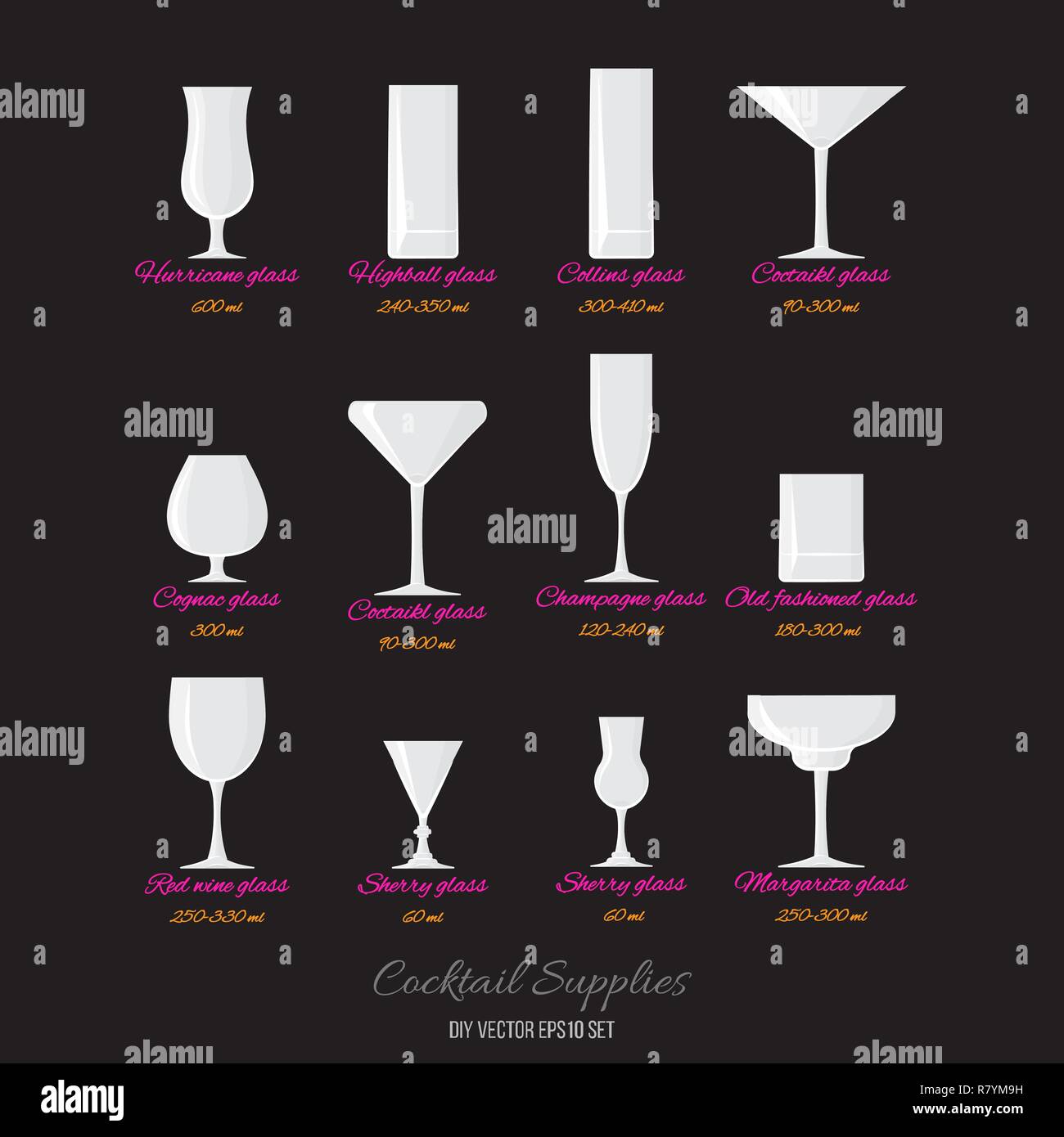 Verres Cocktails Vecteur Avec Noms Et Capacit De Verre Bricolage 