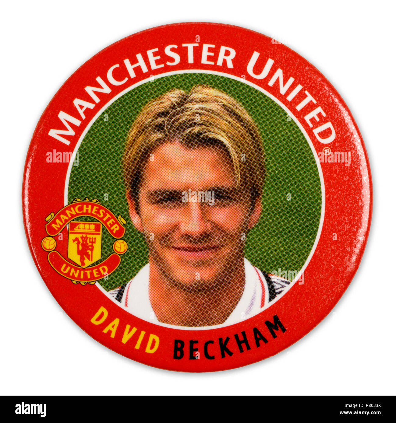 Pin's badge métal des années 1990 avec David Beckham jouer pour Manchester United Banque D'Images