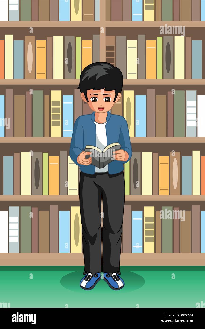 Un vecteur illustration de garçon étudiant lecture à la bibliothèque Illustration de Vecteur