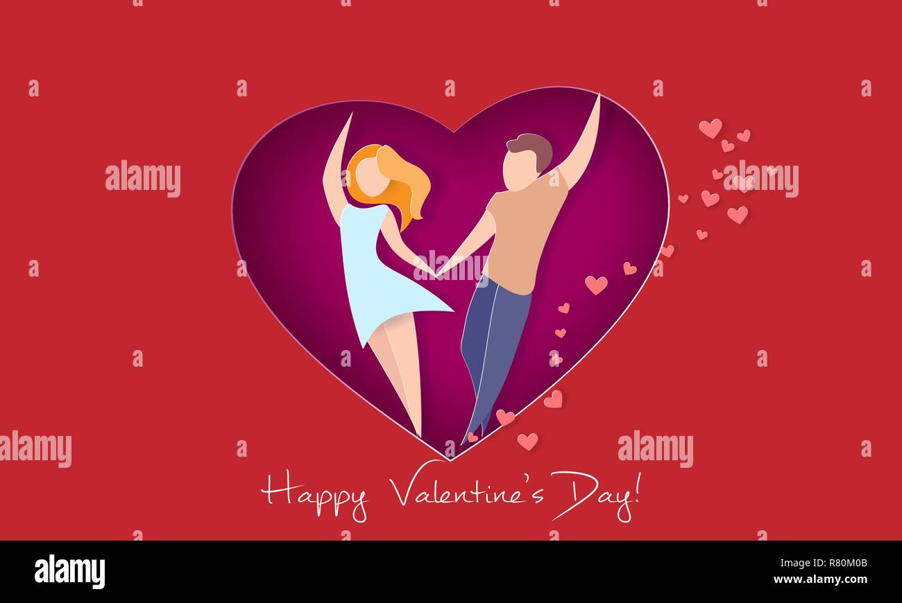 Carte Saint Valentin avec couple holding hands in love heart sur fond rouge. Vector illustration d'art sur papier. Coupe papier et de l'artisanat traditionnel. Illustration de Vecteur