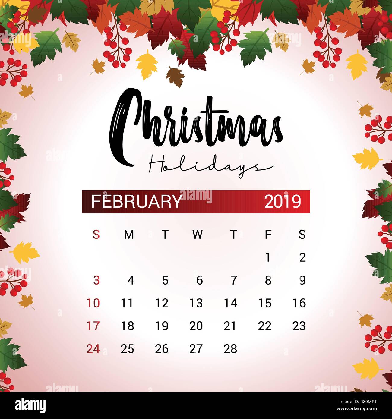 Calendrier Février 2019 modèle de conception de décoration de Noël ou Nouvel An Illustration de Vecteur