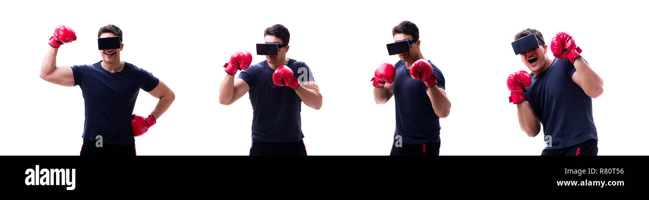 Male boxer portant des lunettes de réalité virtuelle VR isolated on white Banque D'Images