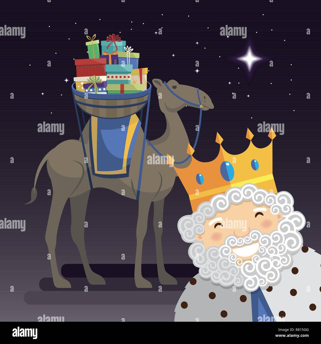 Trois rois Melchior, roi de selfies camel et cadeaux dans la nuit. Vector illustration Illustration de Vecteur