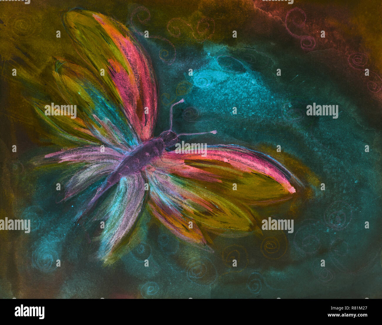 Psychedic butterfly dans un ciel bouclés. La technique du badigeonnage près des bords donne un effet de flou en raison de la modification de la rugosité de surface du papier. Banque D'Images