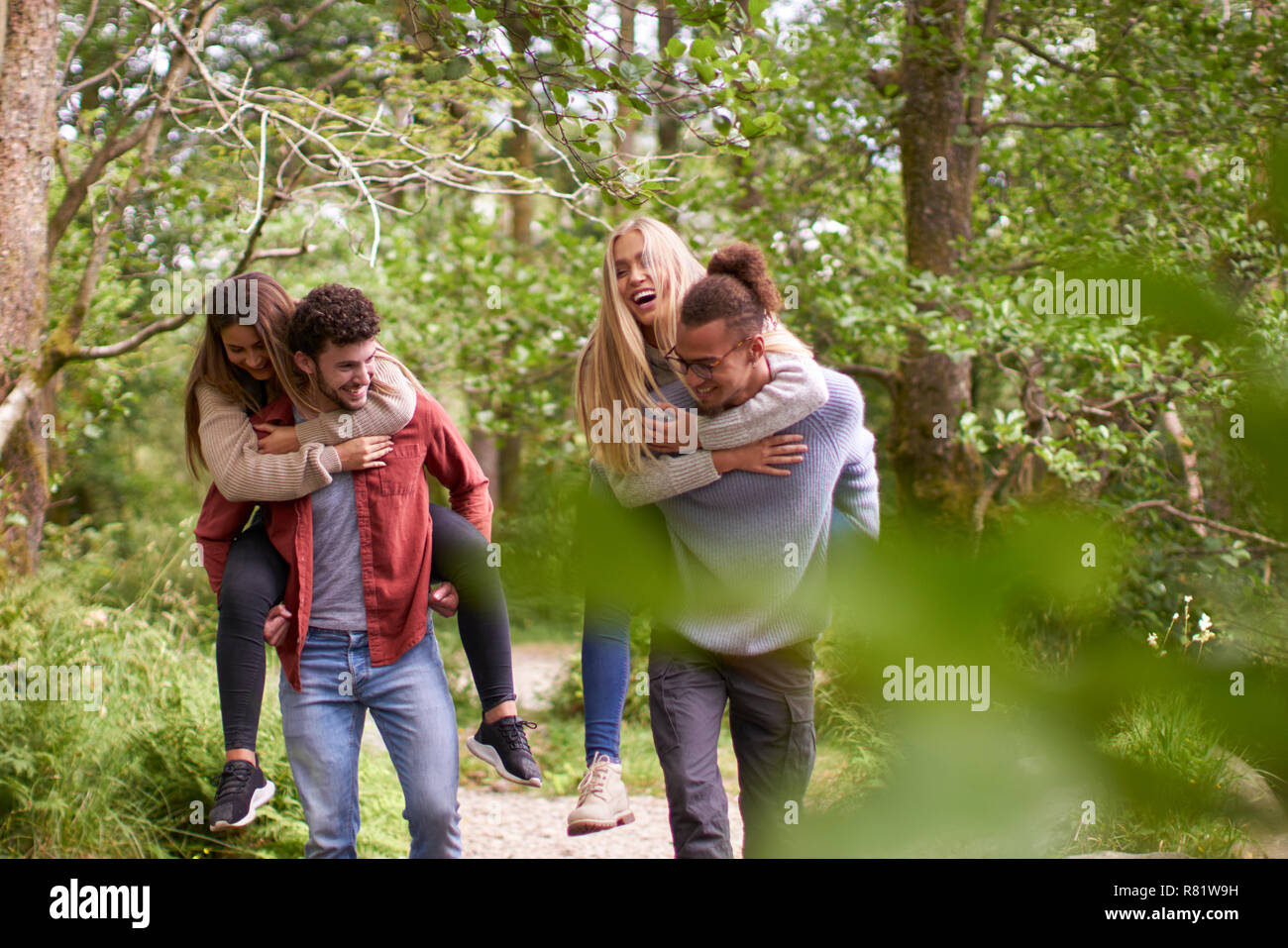 Quatre smiling young adult friends marcher dans une forêt au cours d'une randonnée, les hommes usurpation de leurs copines Banque D'Images