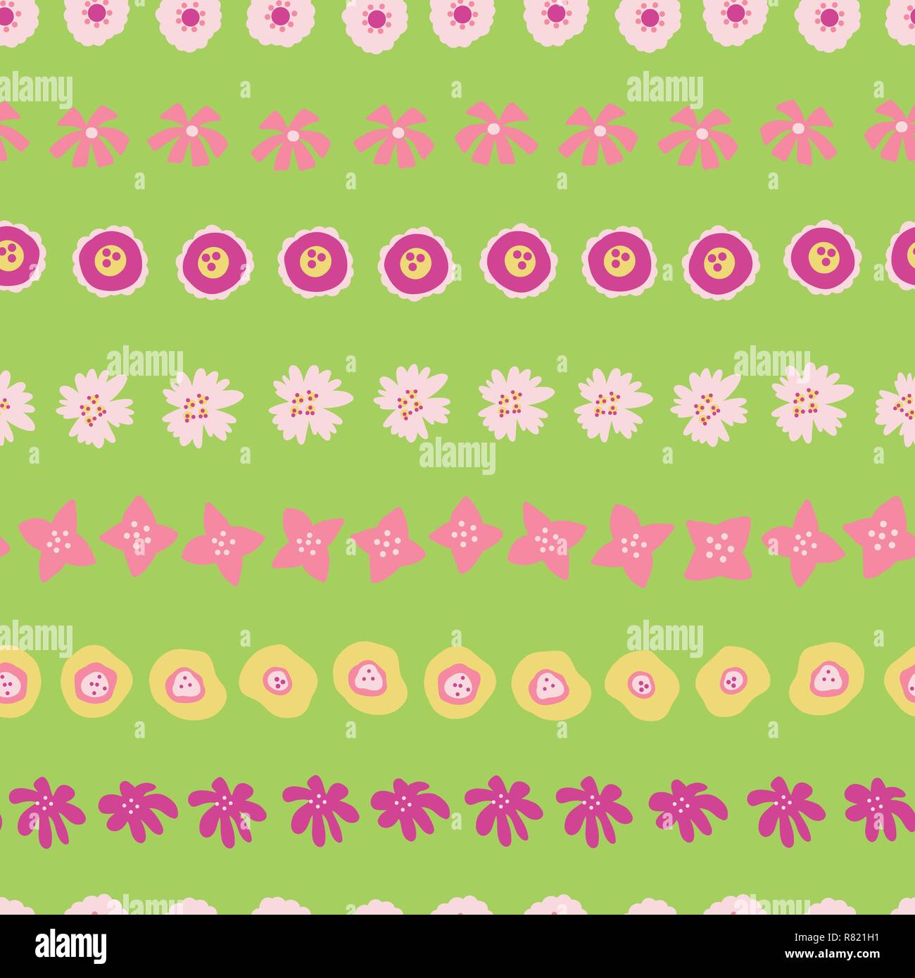 Les Pâques. Dans les rangées de fleurs vert fond vectoriel continu. Illustration de fleurs à la main jaune rose fleurs d'été. Tissu, papier, pour les enfants, l'été, bannière web page, remplir, robe, border Illustration de Vecteur