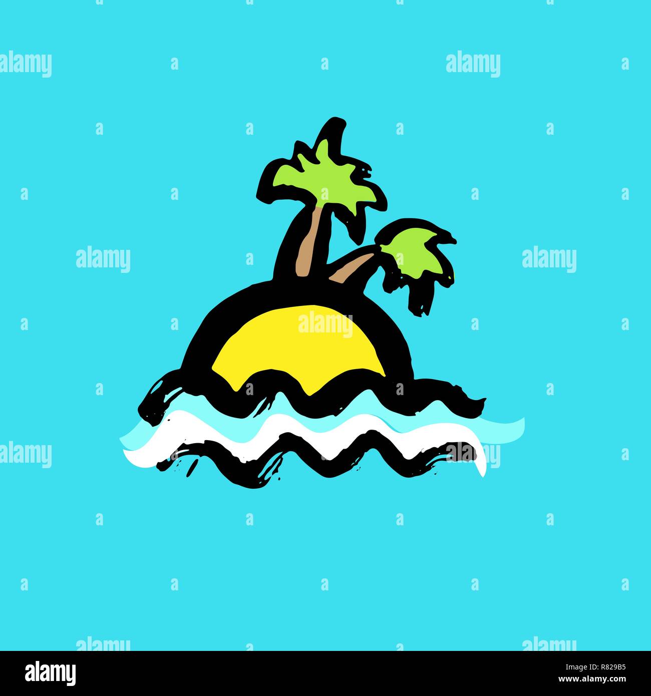 Île tropicale avec palmiers. Illustration de la mer jaune et bleu. Illustration de Vecteur