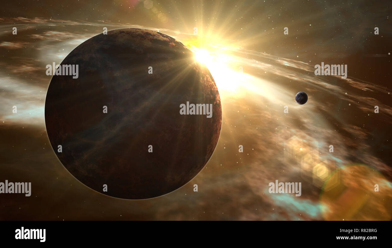 Exoplanète sunrise flare et cosmos l'exploration. 3D réaliste d'étoiles, de la planète et des nuages de gaz dans la nébuleuse d'une lointaine galaxie. Voyages dans l'espace d'années-lumière de Banque D'Images