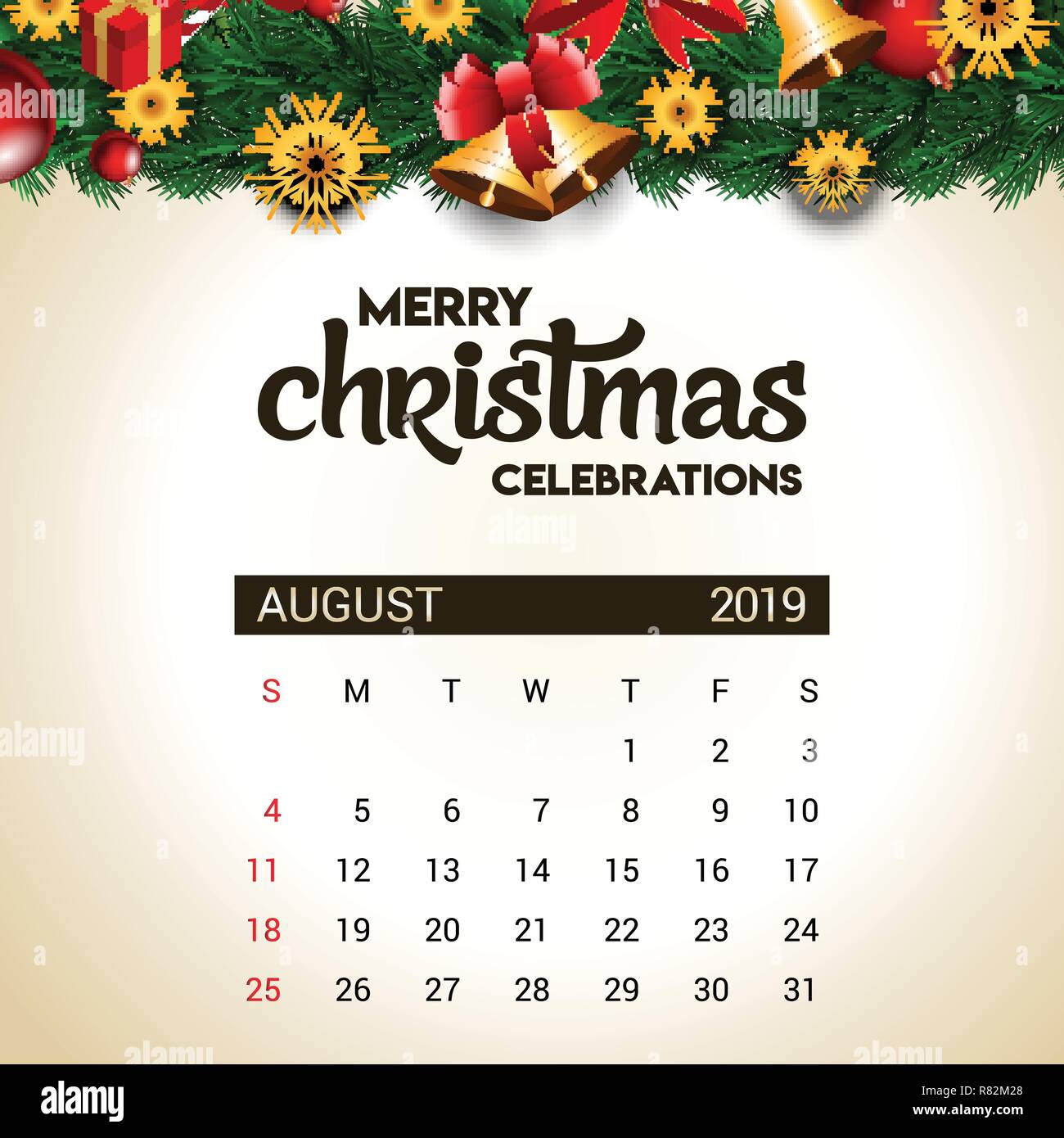 Calendrier Août 2019 modèle de conception de décoration de Noël ou Nouvel An Illustration de Vecteur