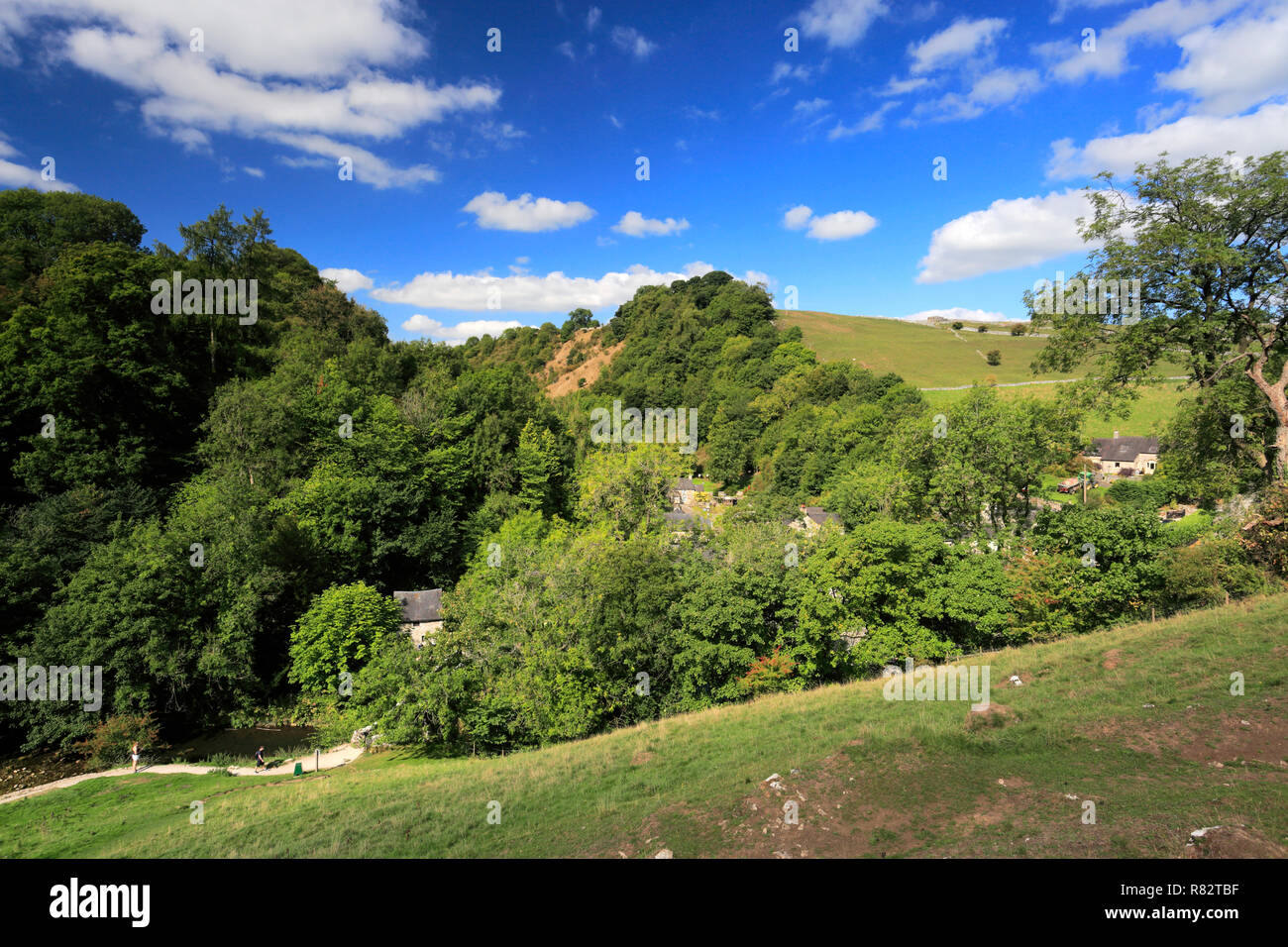 Vue d'été plus de Milldale, village de la vallée supérieure de Dove, parc national de Peak District, Derbyshire, Angleterre, RU Banque D'Images