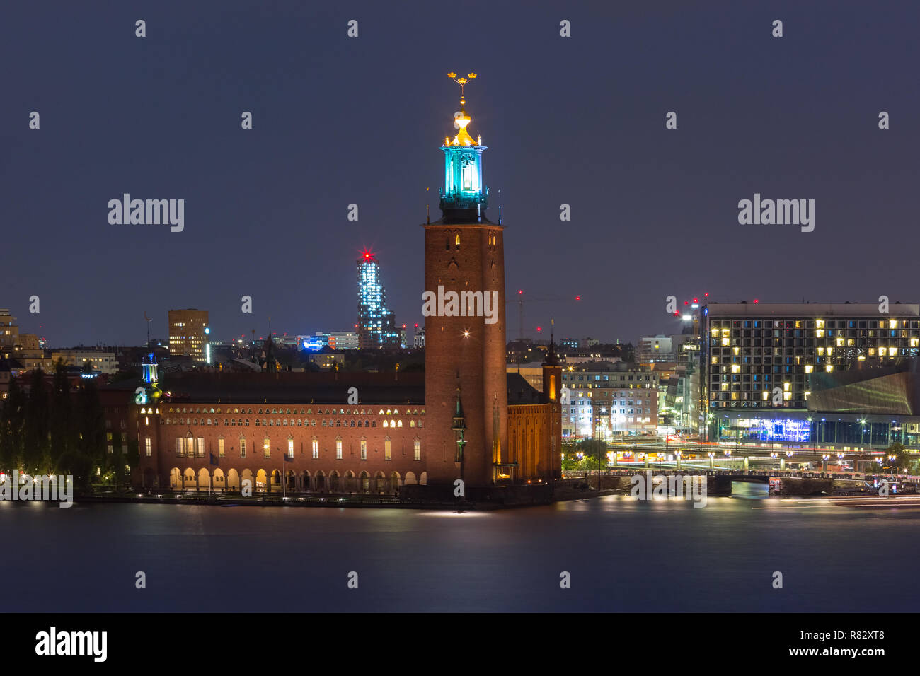 Nuit à l'Hôtel de Ville de Stockholm, Stockholm, Suède Banque D'Images