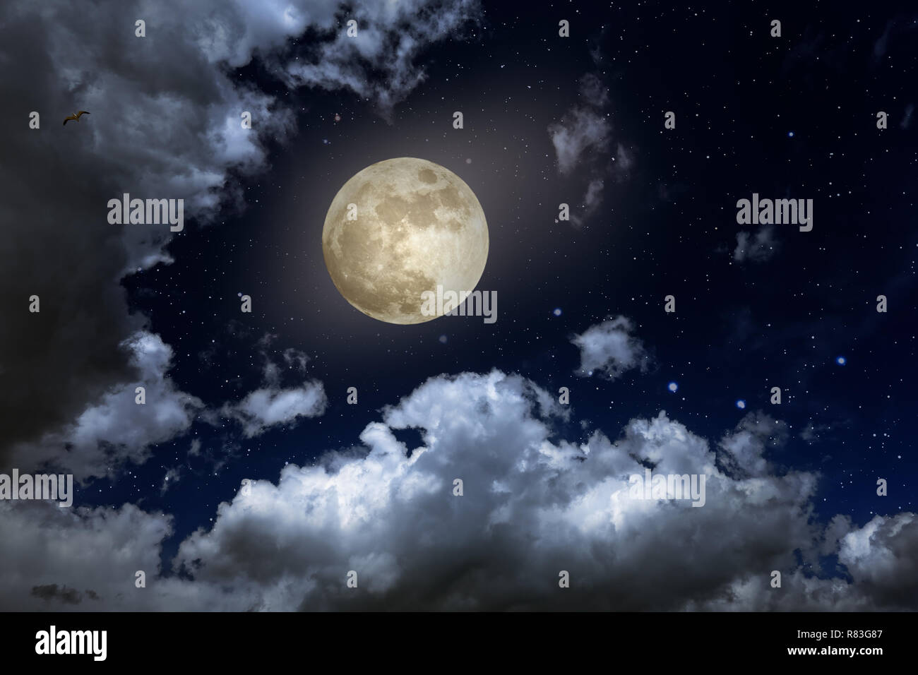 Pleine Lune Dans Un Ciel Etoile Avec Quelques Nuages Photo Stock Alamy