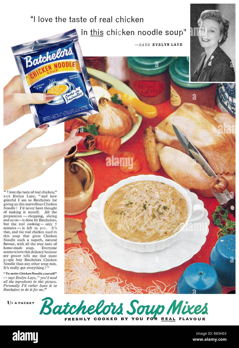 1955 La publicité pour Batchelors mélanges à soupe, actrice vedette Evelyn Laye. Banque D'Images