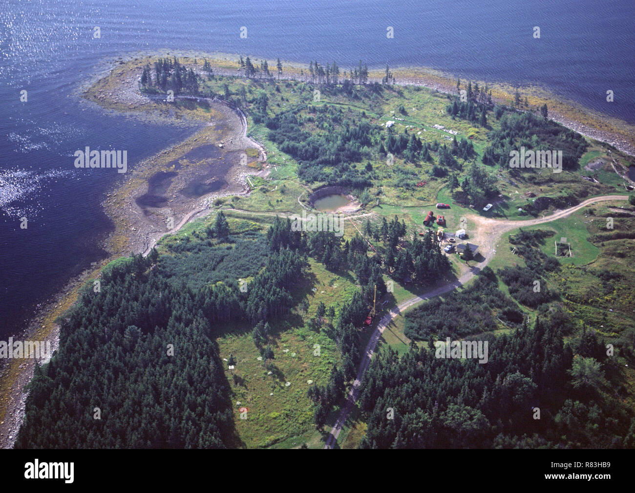Photo aérienne de l'île Oak et puits d'argent, la Nouvelle-Écosse prise en 1983 Banque D'Images