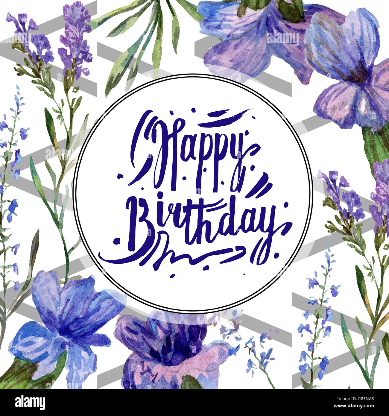 Mauve Lavande Joyeux Anniversaire Monogramme L Ecriture La Calligraphie Lame De Ressort Sauvages Contexte Aquarelle Illustration Set Frame Ronde Photo Stock Alamy