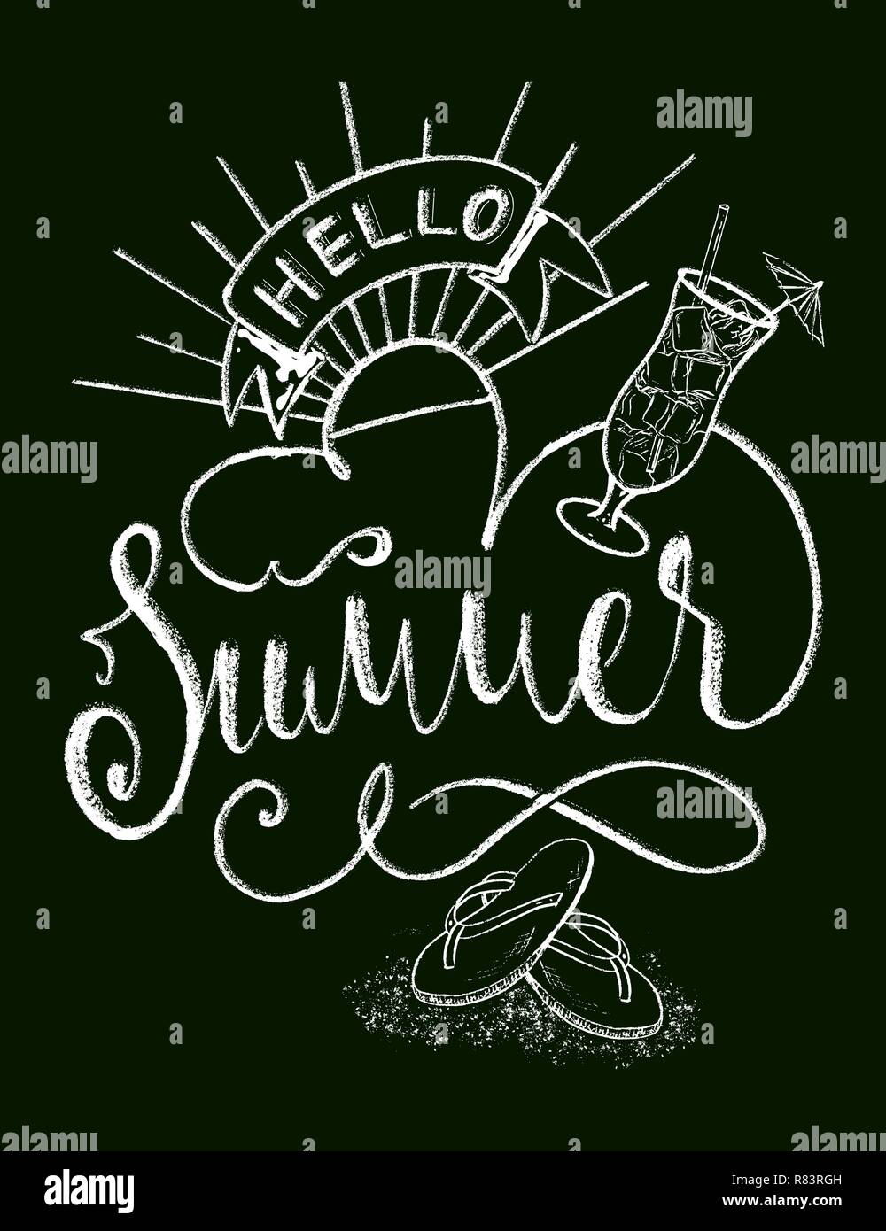 Hello Summer craie design lettrage main isolé sur fond noir Illustration de Vecteur