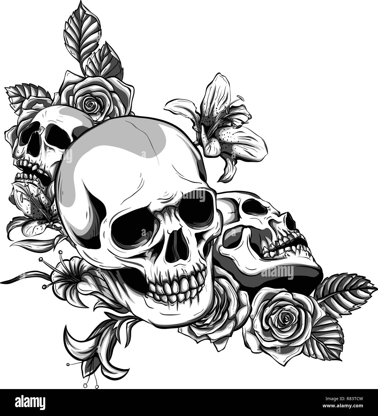 Crâne humain avec des roses dessiné dans le style de tatouage. Isolé sur blanc. Illustration de Vecteur