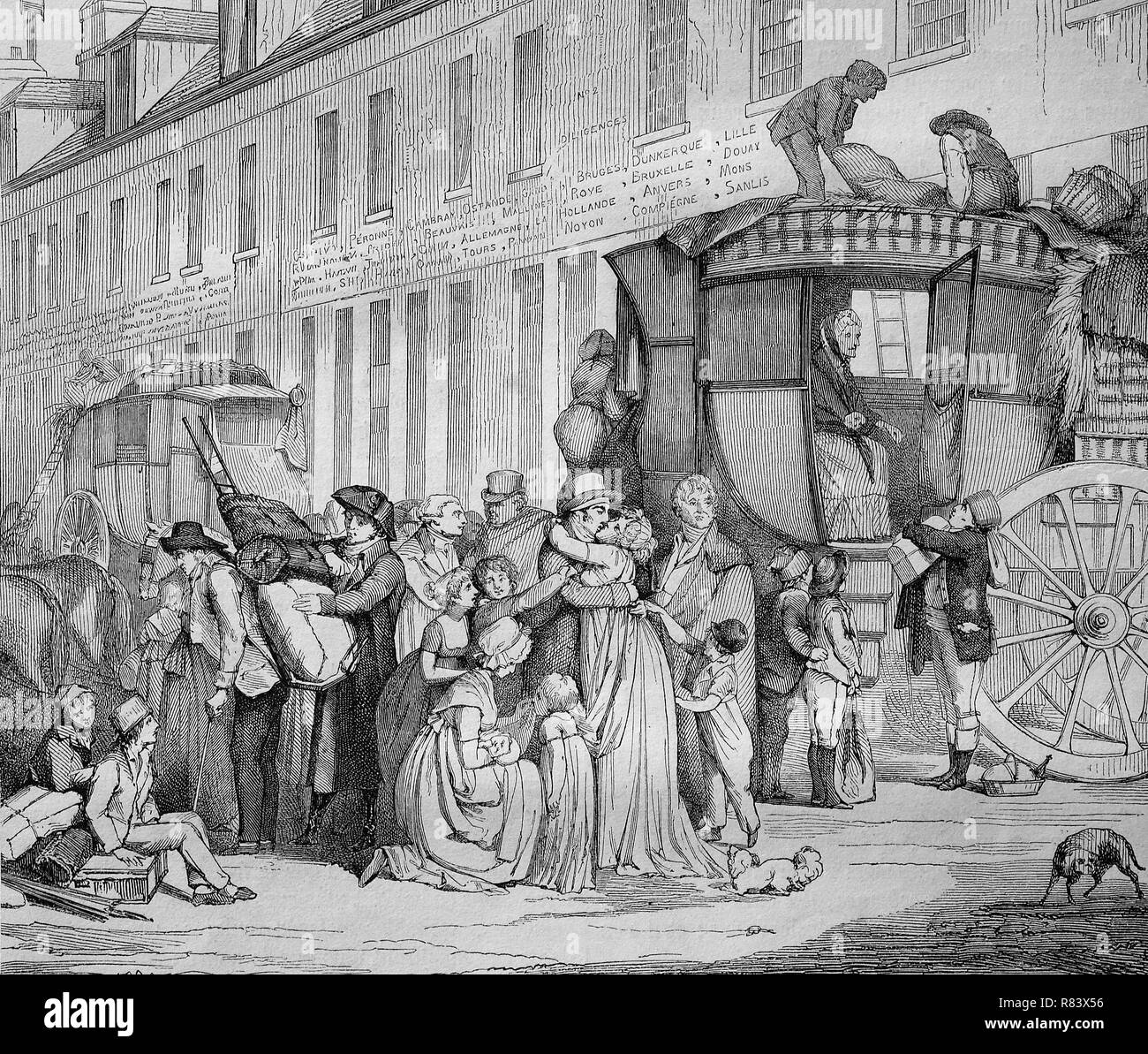 L'amélioration de la reproduction numérique, l'arrivée d'une diligence à la station le Louvre, Paris, France, von der Ankunft Postkutsche une station am Louvre, Frankreich, à partir d'un tirage original de l'année 1855 Banque D'Images