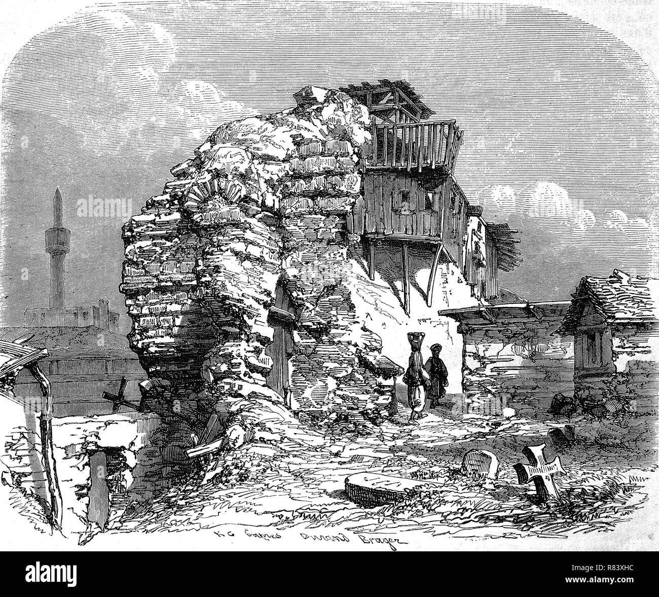 L'amélioration de la reproduction numérique, Ruines de l'ancien palais romain, Varna, Bulgarie, die Ruinen des alten rÃ mélange (Palast, Bulgarien, à partir d'un tirage original de l'année 1855 Banque D'Images