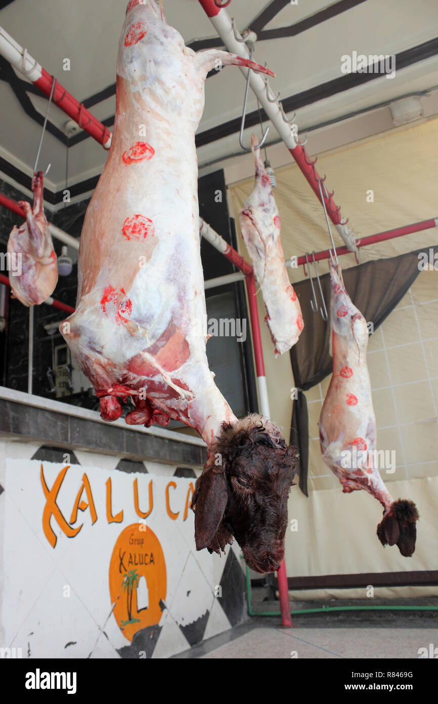 Moutons morts en bouchers Xaluca & Restuarant, Zaida, Midelt Province, Drâa-Tafilalet, Maroc Banque D'Images