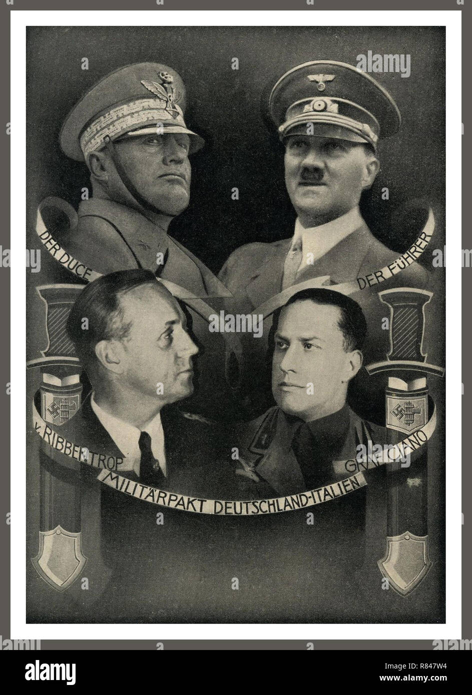 Vintage 1939 Carte postale de propagande commémorant le pacte militaire entre l'Allemagne et l'Italie, Hitler, Mussolini, von Ribbentrop & Graf Ciano (Chef de la partie Facist) Banque D'Images